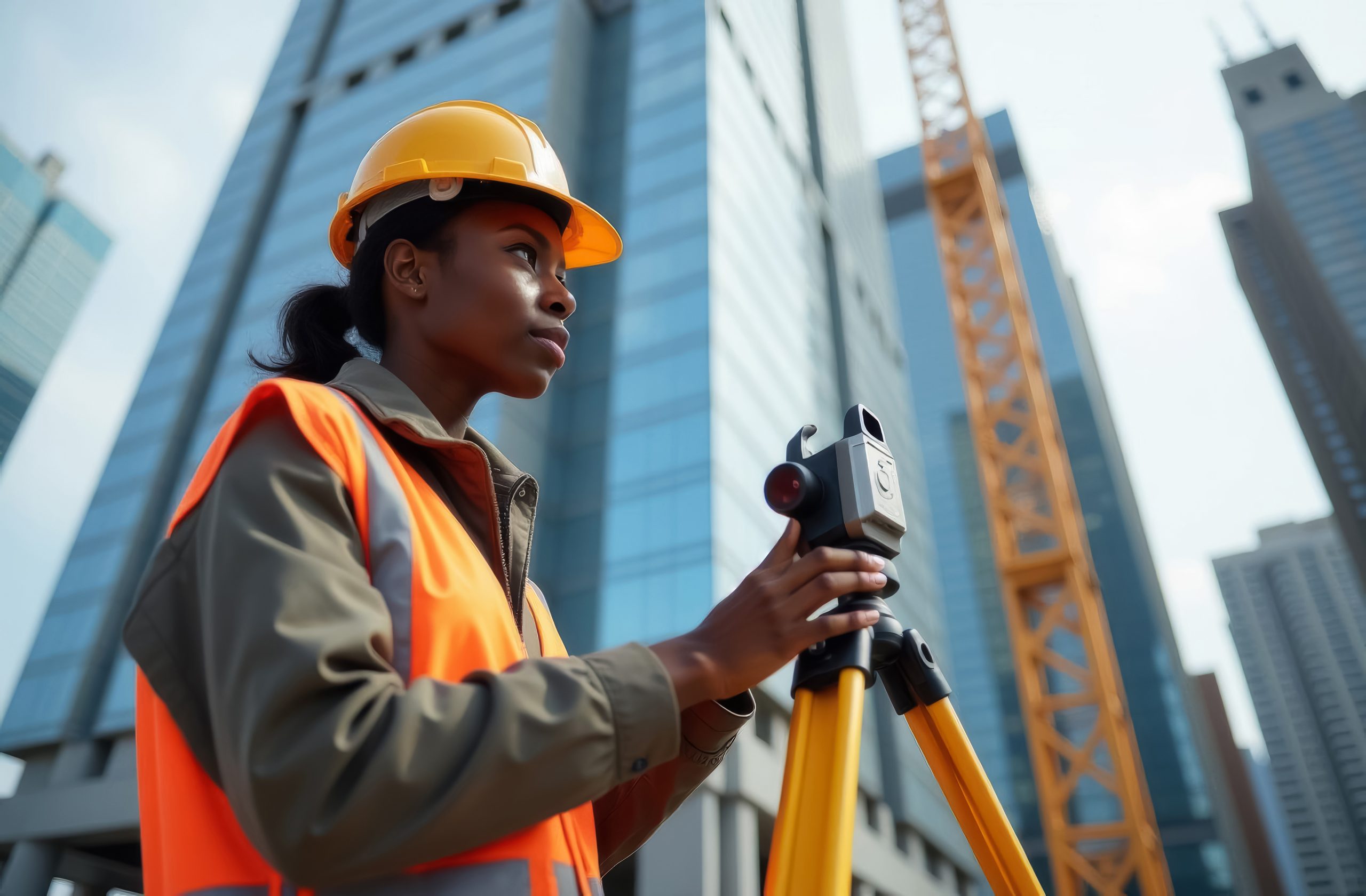 African American female contractor or builder standing with theodolite or level at construction site, taking topographic measurements at construction site near building under construction, close up