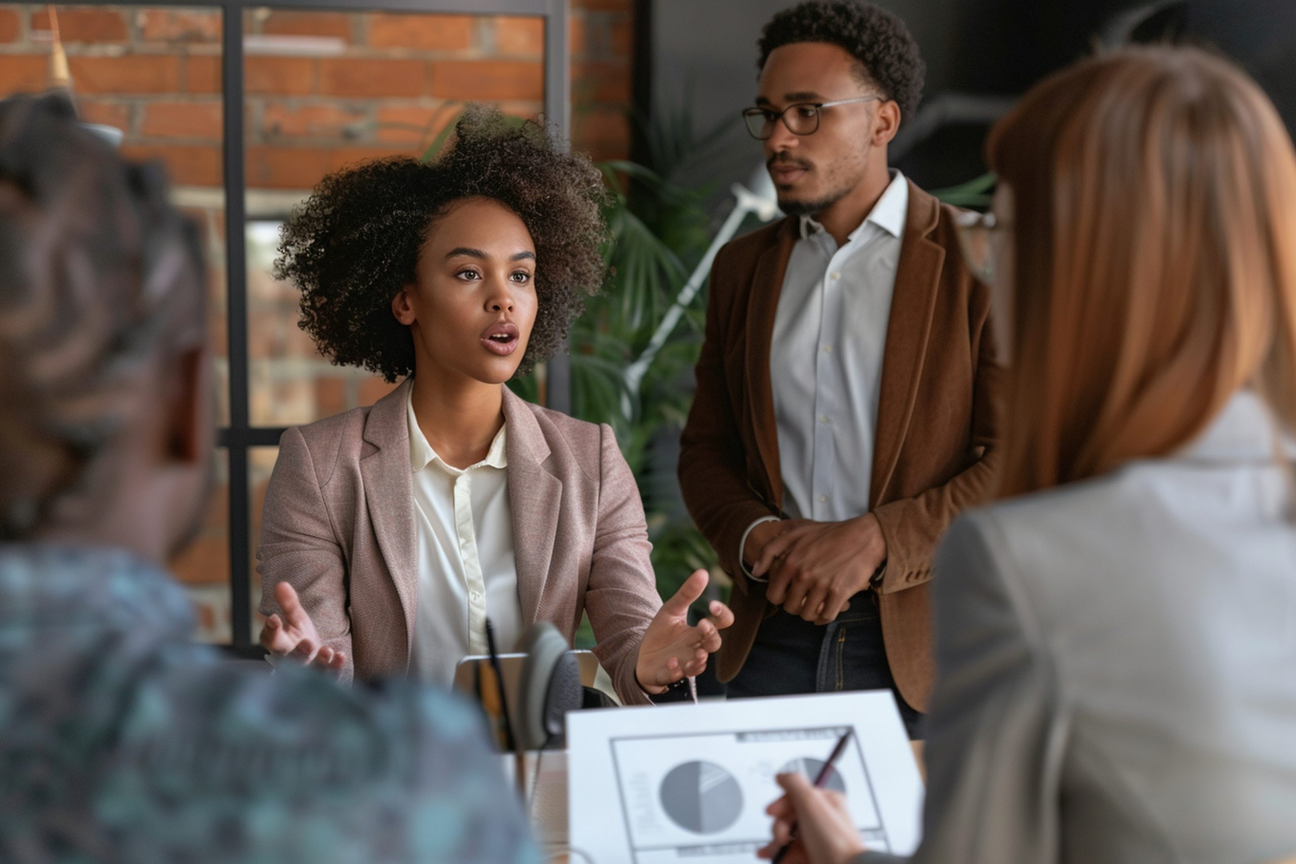 Focused team leader presenting marketing plan to interested multiracial coworkers